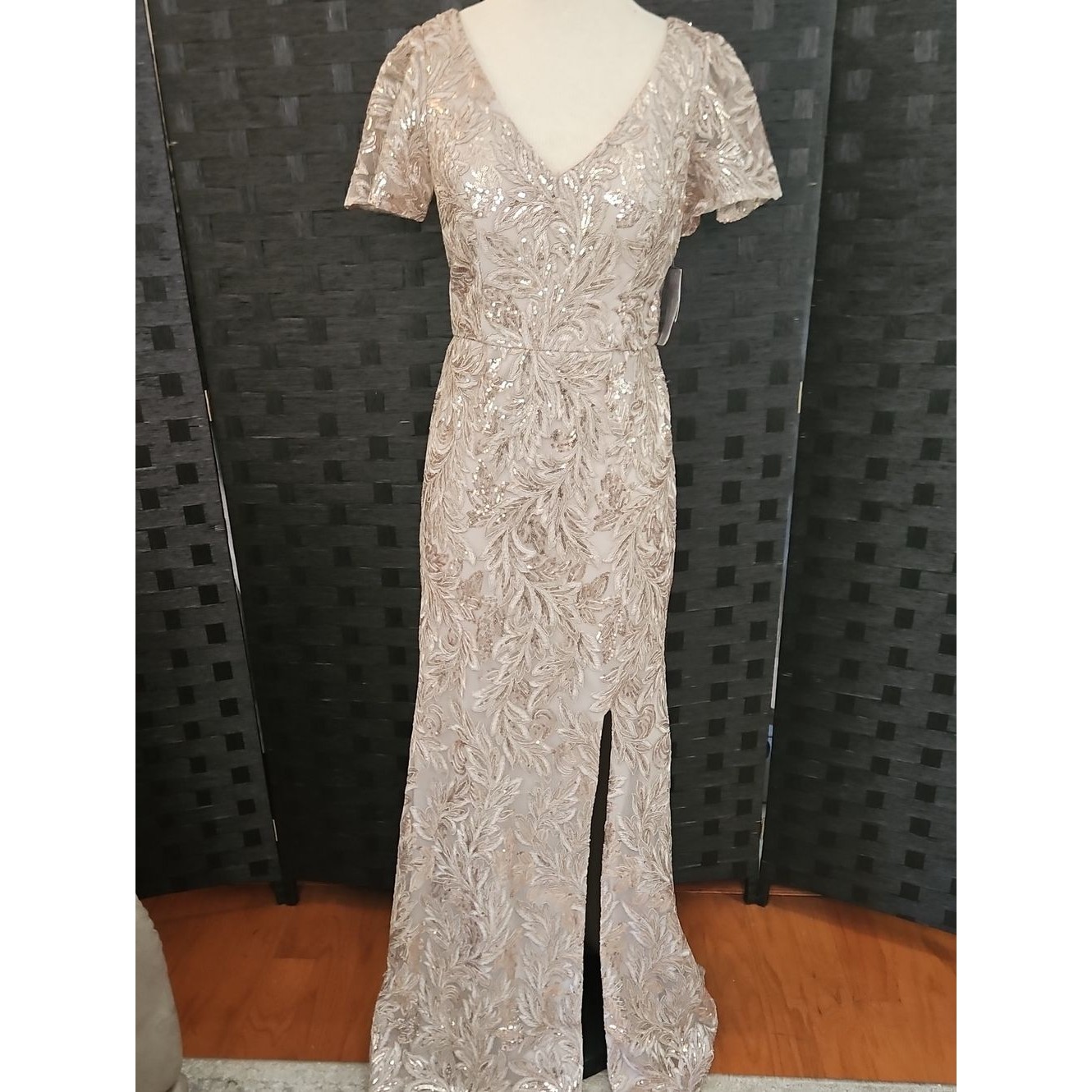 Nwt Alex Evenings Taupe V-Neck Sequined Evening Gown Size 4 — image 2 of 8